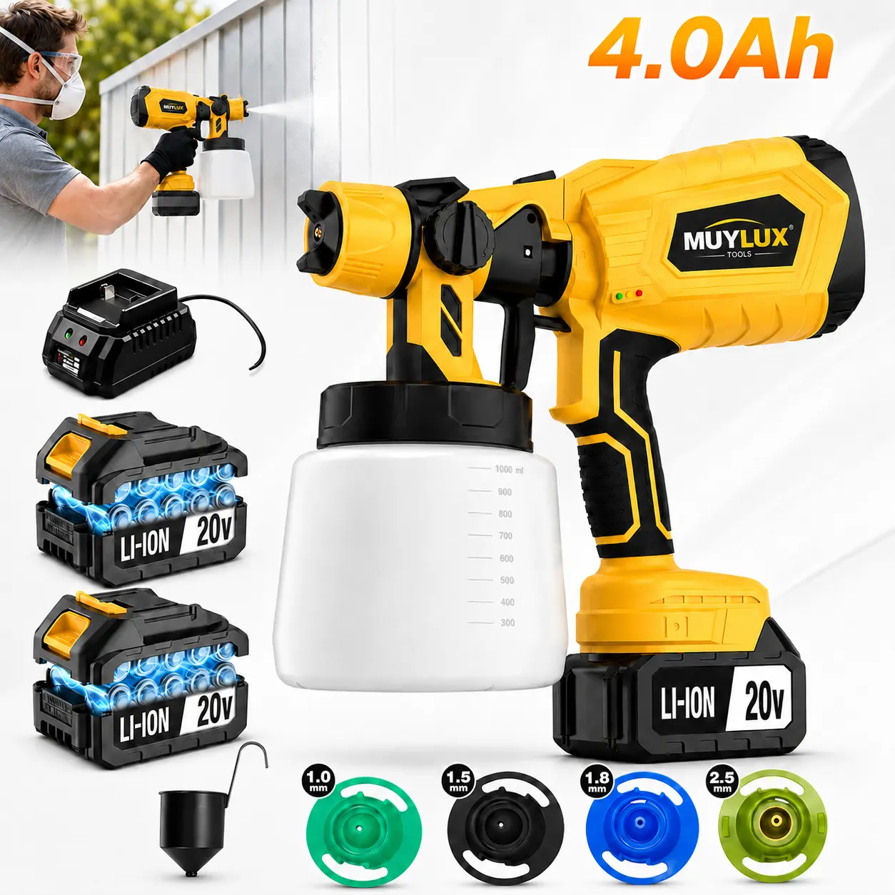 20V Cordless Paint Sprayer Tool Kit - Handheld Portable Electric Spray Gun with 2 Batteries, 4 Nozzle Sizes, Adjustable Flow, Easy Clean, Copper Mode Cleaning Accessory for House Painting, Fence Projects, Handheld Sprayer, Paint Sprayer For House Painting