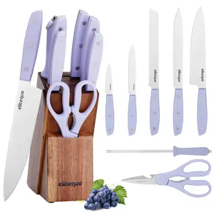 Elitequo 8PCS All-In-One Kitchen Knife Set with Wooden Block, Stainless Steel Knives, Honing Rod, Ergonomic Handles for Versatile Cooking & Food Prep Lavender, Scissors
