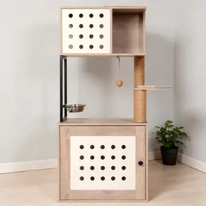 Cat Tree with Litter Box Enclosure, All-in-One Cat Tower with Large Hammock, Bed, Food Station & Scratching Posts, Modern Gray+White Pet Furniture