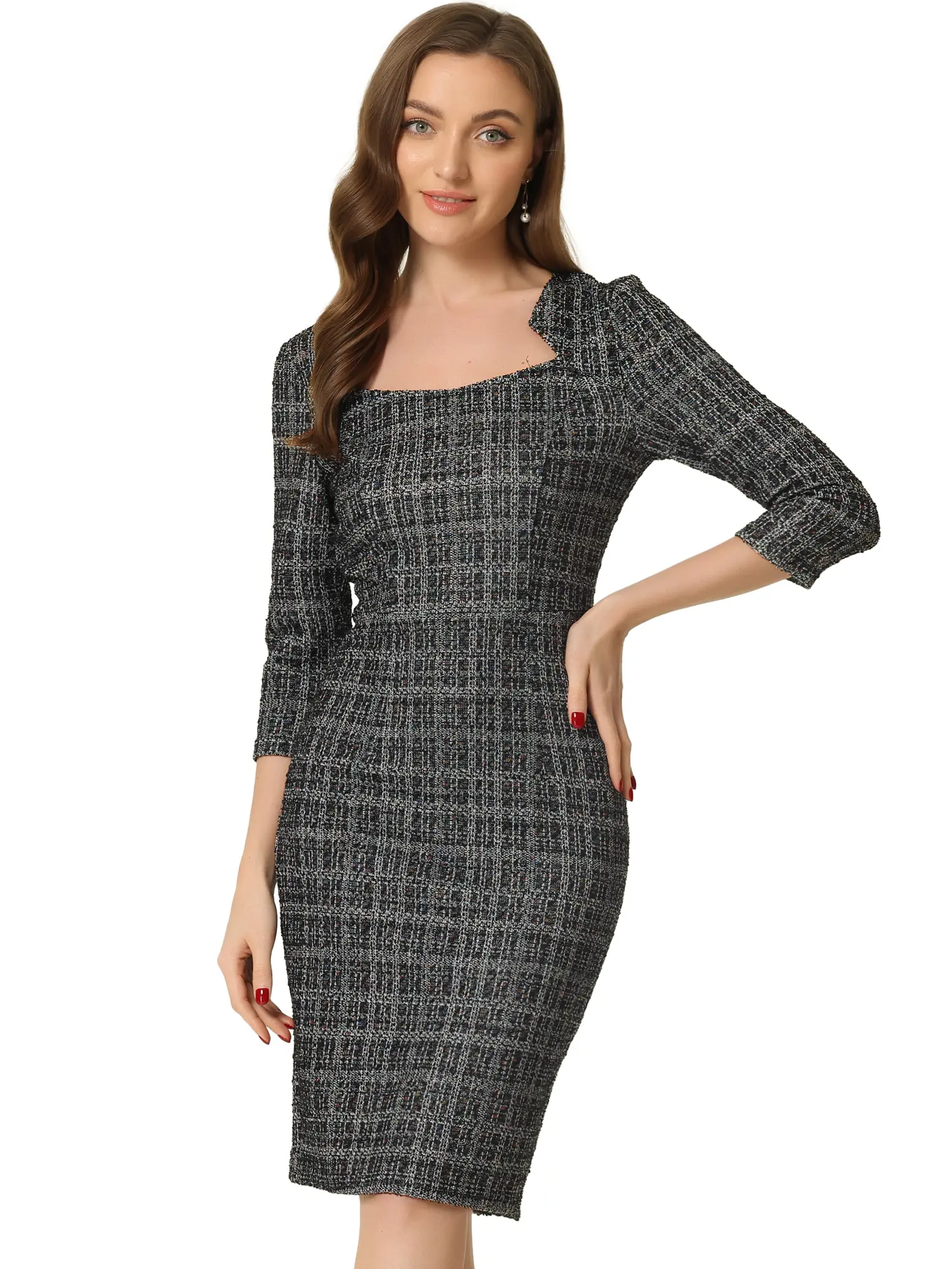 INSPIRE CHIC Elegant Work Dress 3/4 Sleeve Plaid Tweed Bodycon Dresses