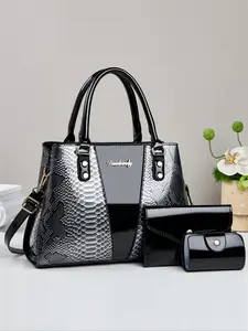 Women's Fashion 3-Piece Handbag Set, Patent Leather Snake Plaid Tote Bag, Large Capacity Shoulder Bag, Crossbody Purse, Wallet Clutch