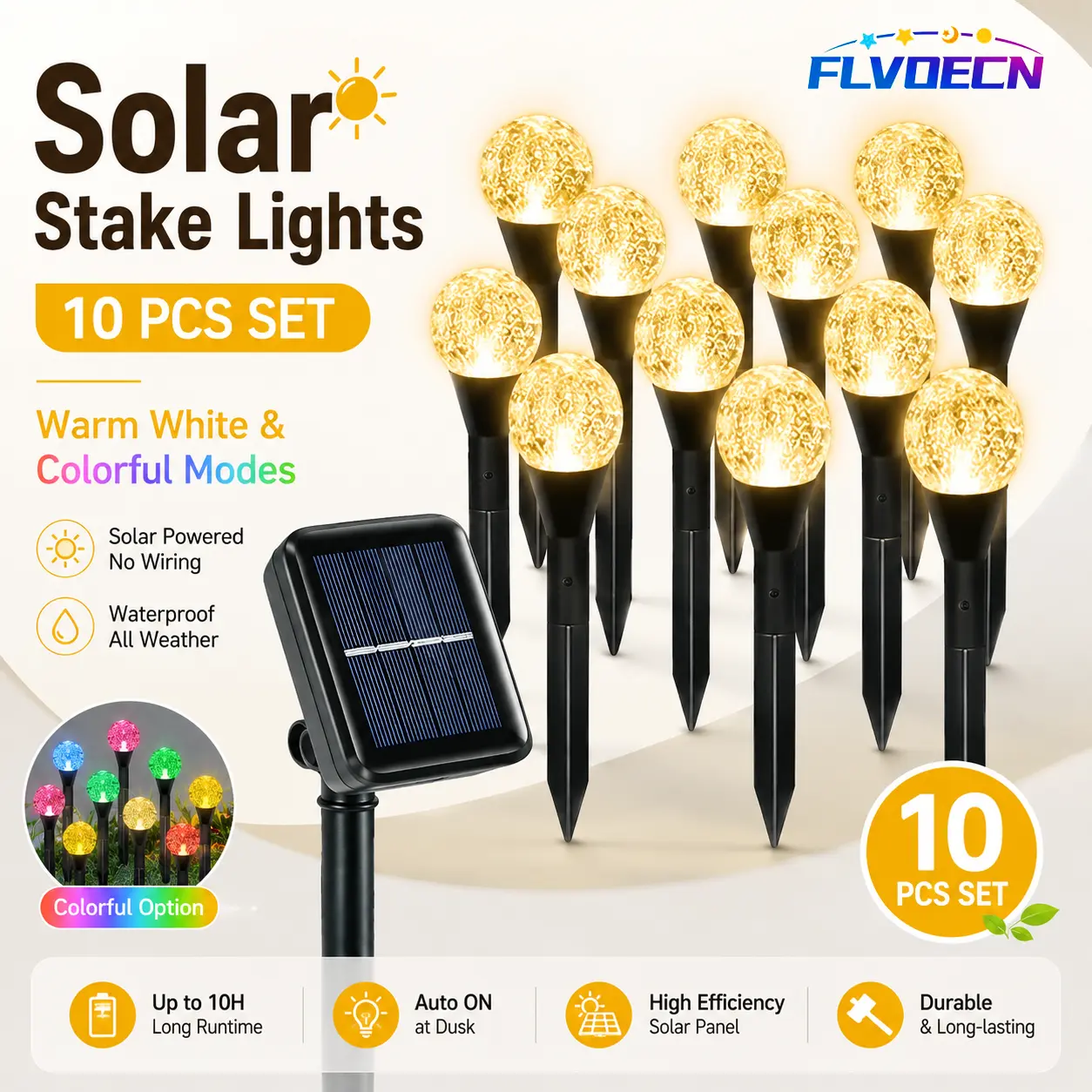FLVOECN Outdoor Solar Crystal Ball String Lights, 10/20 Pack IP65 Waterproof Solar Garden Lights, Auto On/Off, Warm White, Amber and Color Modes for Yard, Patio, Lawn & Walkway, Solar Outdoor Lights