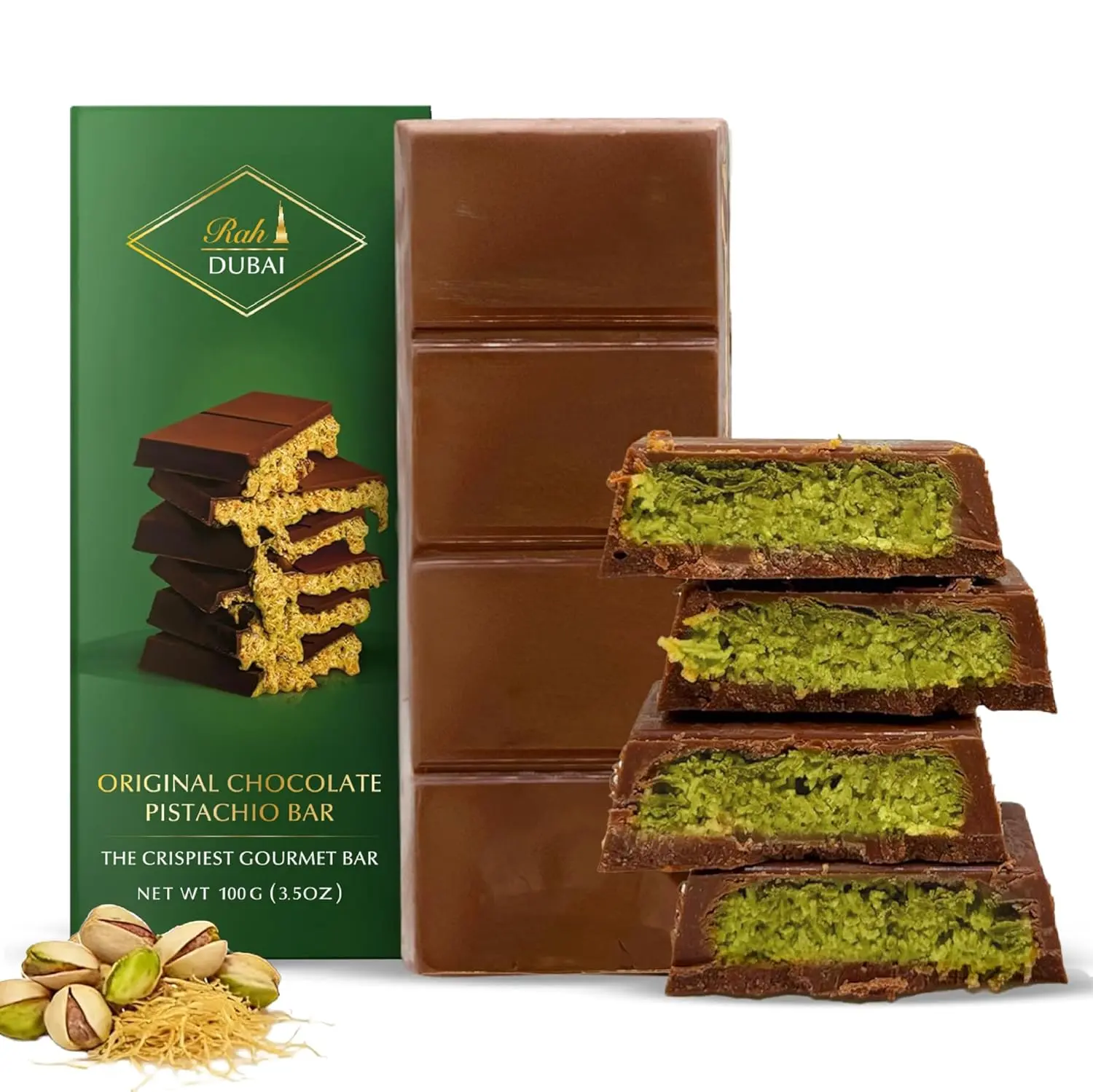 Dubai Chocolate Bar Pistachio, 3.5oz - 100g, Premium Pistachio Chocolate Dubai Bar | Loaded with Kunafa | The Crunchiest Kataifi Delight Perfect for Sharing, Viral Candy with Shredded Phyllo Dough