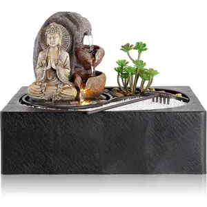 Water Fountains Indoor Small Tabletop Water Fountain Waterfall Fountain with Zen Garden LED Warm Light Buddha Fountains Indoor for  Zen Room Decor