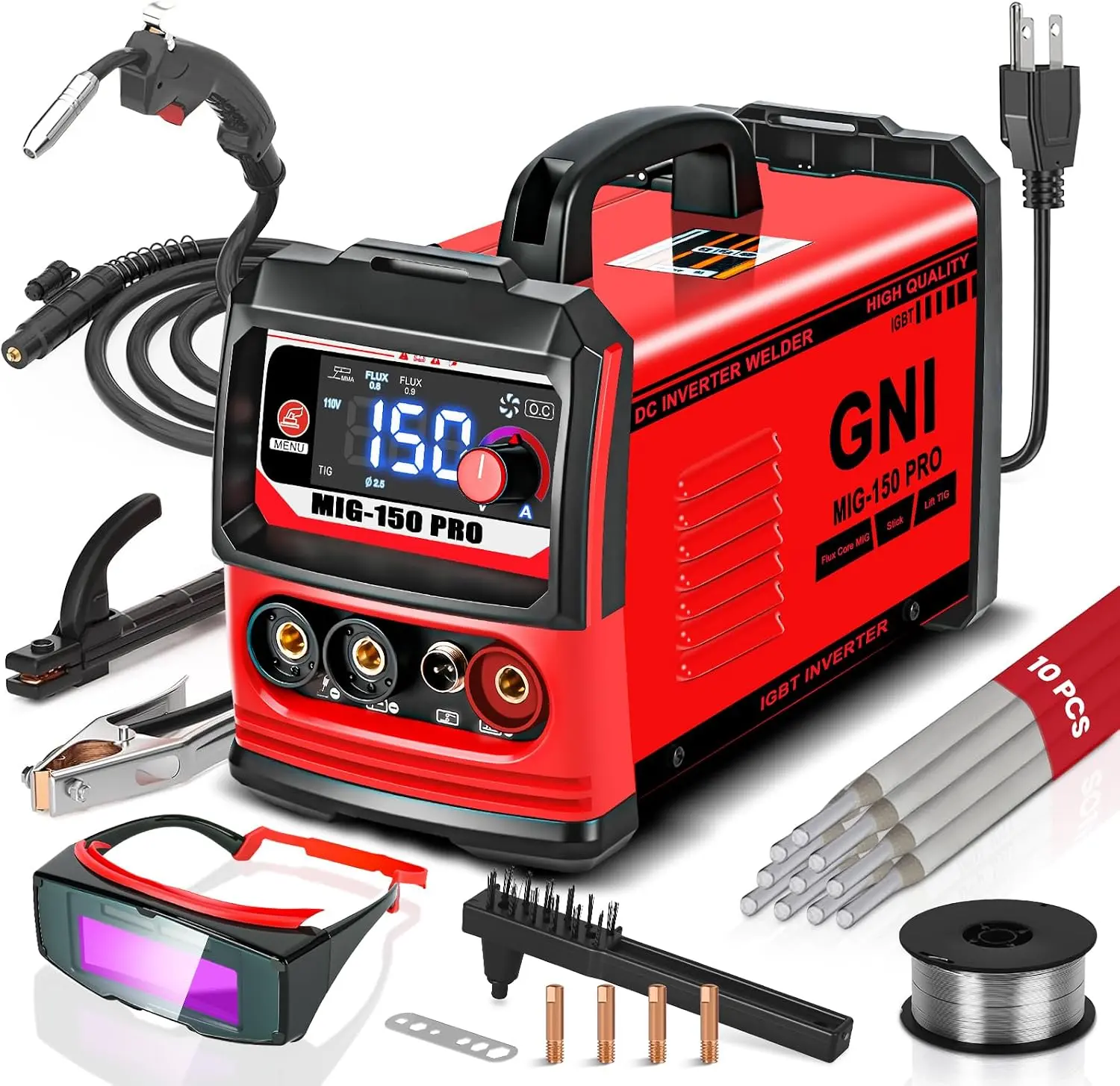 GNIWELDER Multiprocess Portable MINI Welder, MIG/TIG/Stick 3 IN 1 Welding Machine | IGBT Inverter Beginner-Friendly MIG Welder Machine with Auto-Darkening Goggles, 150A Flux Core Welder for Home DIY