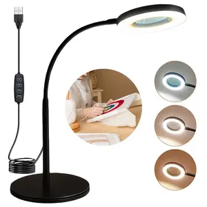 LED Desk Lamp with Magnifier, 5x Magnification, 10 Levels Brightness, 3 Adjustable Modes, USB Powered, Flexible Gooseneck Clamp Light, Adjustable Lights