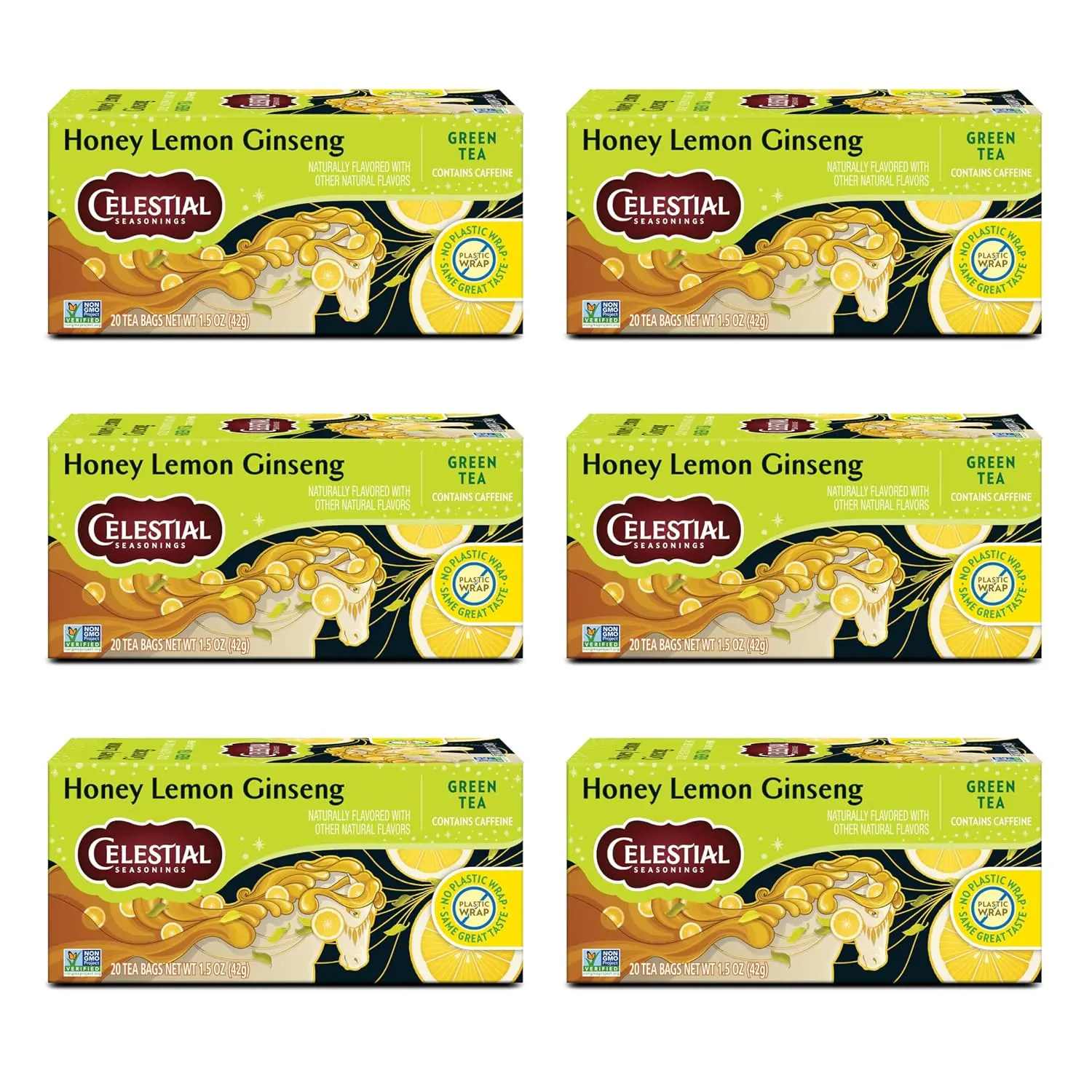 (Pack of 6) Celestial Seasonings Honey Lemon Ginseng Green Tea, Caffeinated, 20 Tea Bags Box