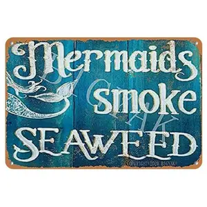 Mermaid & Letter Pattern Vintage Rustic Design Metal Sign, Vintage Plaque Decor, Decorative Plaque, 1 Count Seafood Smoke Seaside Wall Decor, Wall Hanging Decor for Home Living Room Bedroom, Home Decoration