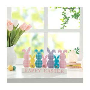 Glitzhome 11.75" Wooden Happy Easter Bunny Family Table Decor