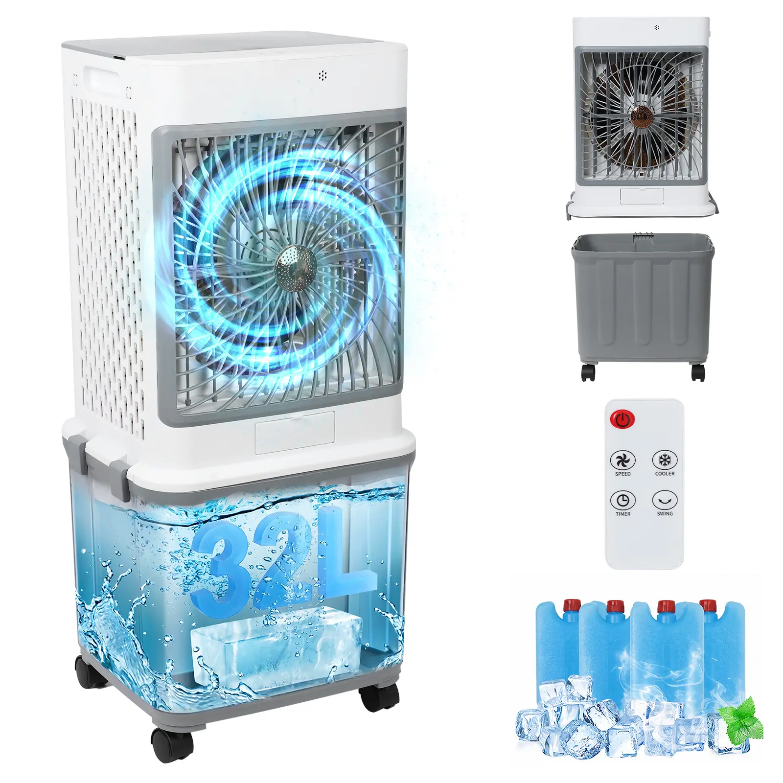 Serbasic Portable Air Conditioners, Touch & Remote Control Swamp Cooler Portable AC Unit for Room,Cooler with wheels Windowless Cooling Fan That Blow Cold Air with 32L Detachable Tank,Evaporative Air Cooler for Outdoor Indoor Garage Restaurant Patio,BBQ