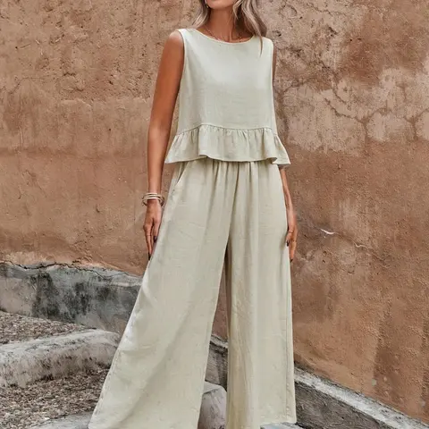 Women's Solid Ruffle Hem Sleeveless Tank Top & Elastic Waist Wide Leg Pants Essential Set, Casual Button-Detail Round Neck Top & Pocket Trousers, Ladies Summer Clothes, Clothing Sets