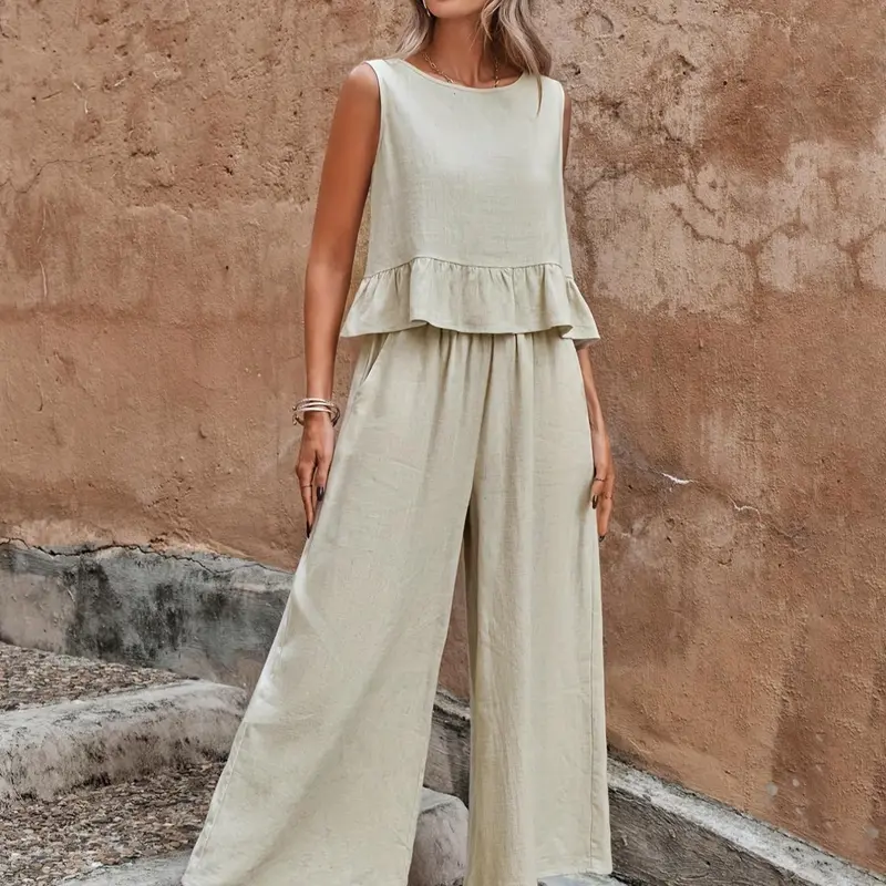 Women's Solid Ruffle Hem Sleeveless Tank Top & Elastic Waist Wide Leg Pants Essential Set, Casual Button-Detail Round Neck Top & Pocket Trousers, Ladies Summer Clothes, Clothing Sets