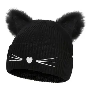 2026 Adorable Cat Ear Knitted Hat for Fall Winter Embroidered Cozy Pullover Beanie with Playful Cat Ear Design Warm Knitted Material for Cold Weather Embroidery Cap