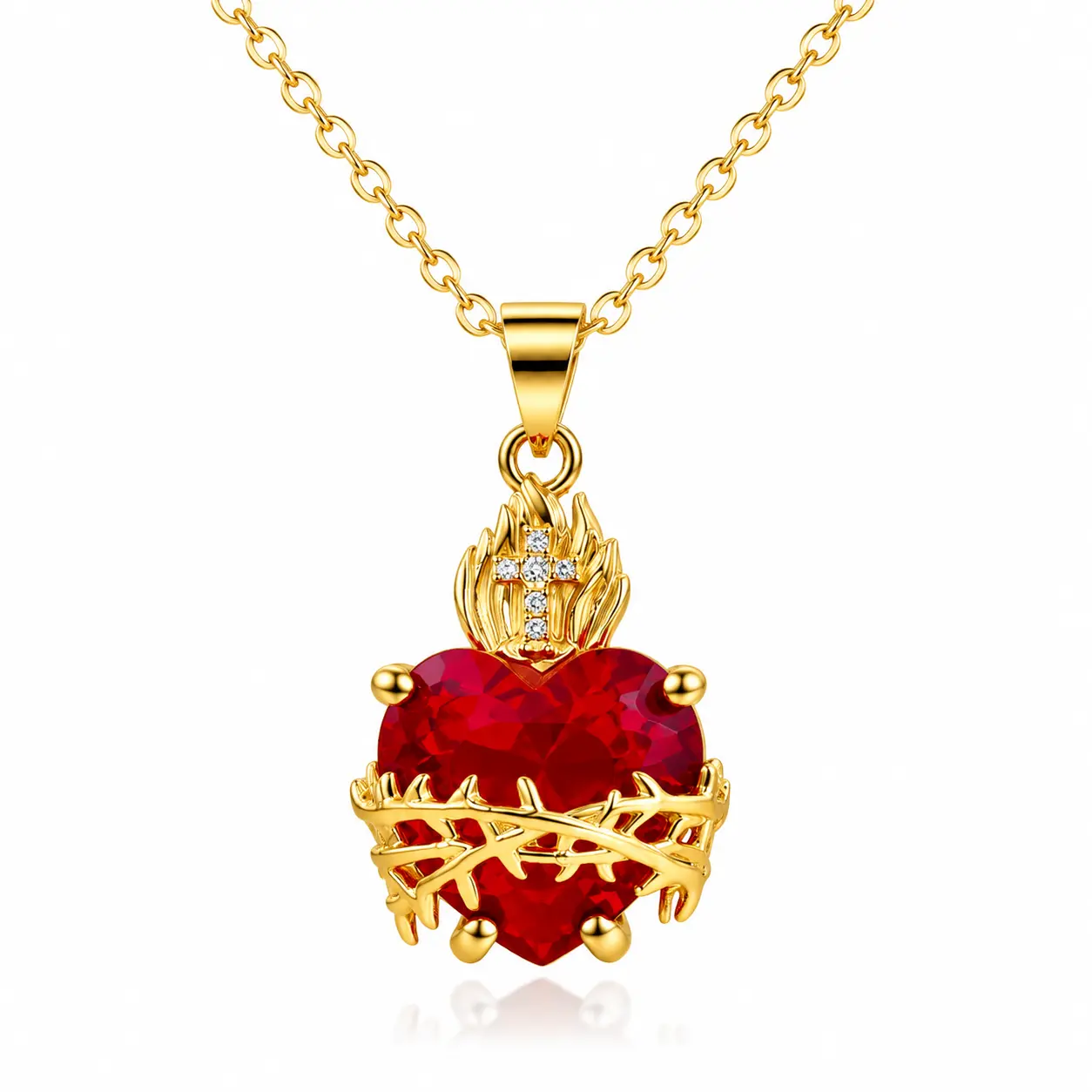 Sacred Heart of Jesus Necklace for Women, 18K Gold Plated Red Cubic Zirconia Heart Pendant Necklace, Christian Religious Jewelry, Faith Cross Charm Necklace, Catholic Gift for Women, Baptism Birthday Mother's Day Gift