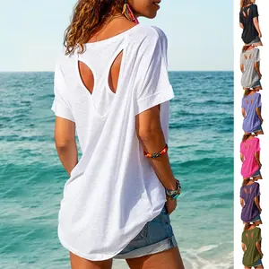 Danedvi Womens Elegant Trendy Open Back Comfy Loose Fitting Workout Casual Yoga T-Shirt Summer Gym Tee