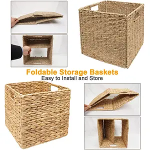11.8" x 11.8" Wicker Storage Baskets Water Hyacinth Storage Baskets, Natural - Set of 2 Collapsible Cube Organizers, Woven Bins for Bathroom, Bedroom, Laundry, Pantry, Shelves