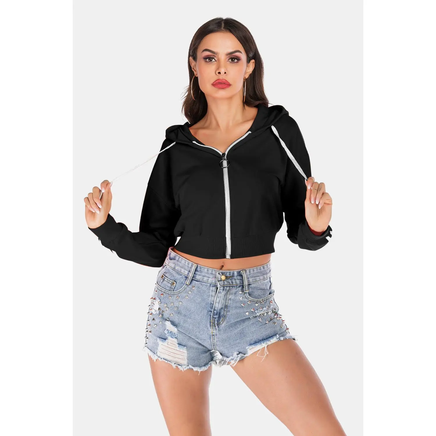 Sporty Chic Drawstring Cropped Hooded Jacket