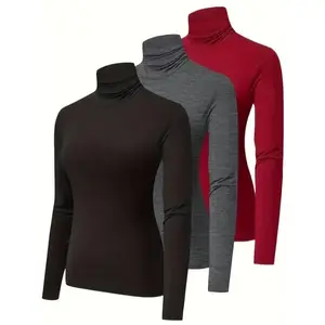 3-Pack Women's Plus Size Simple Thermal Underwear Tops Long Sleeve Turtleneck Soft Polyester Crochet Knitting Solid Comfort Minimalist Set Womenswear Basic Casual