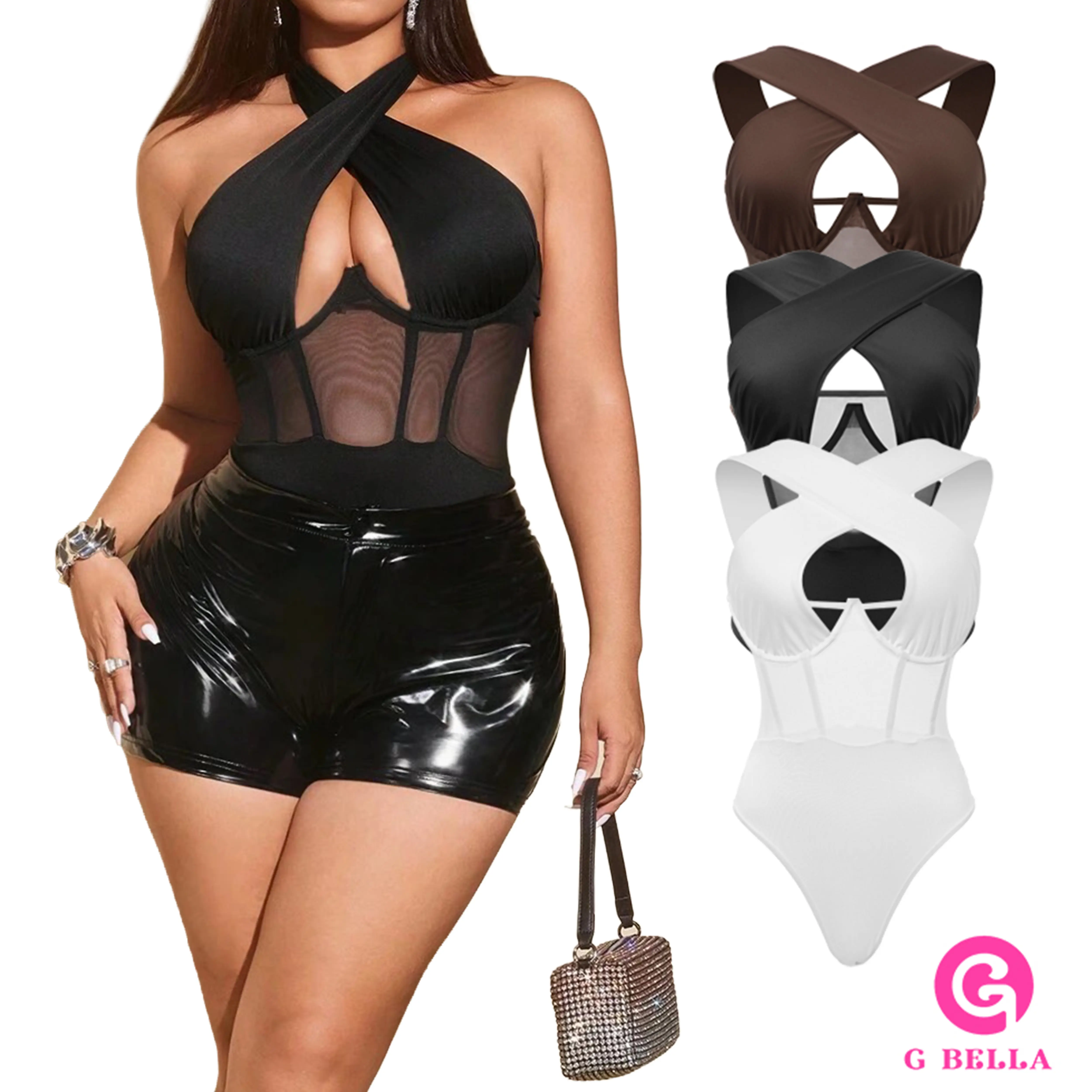 GBELLA Women’s Black Mesh Sheer Bodysuit - Basic, Sexy Fitted Shapewear Body Sculpting Bodyshaping Underwear, Crisscross V-Neck Sleeveless Stretchy Slim Fit Going Out Top for Summer Parties