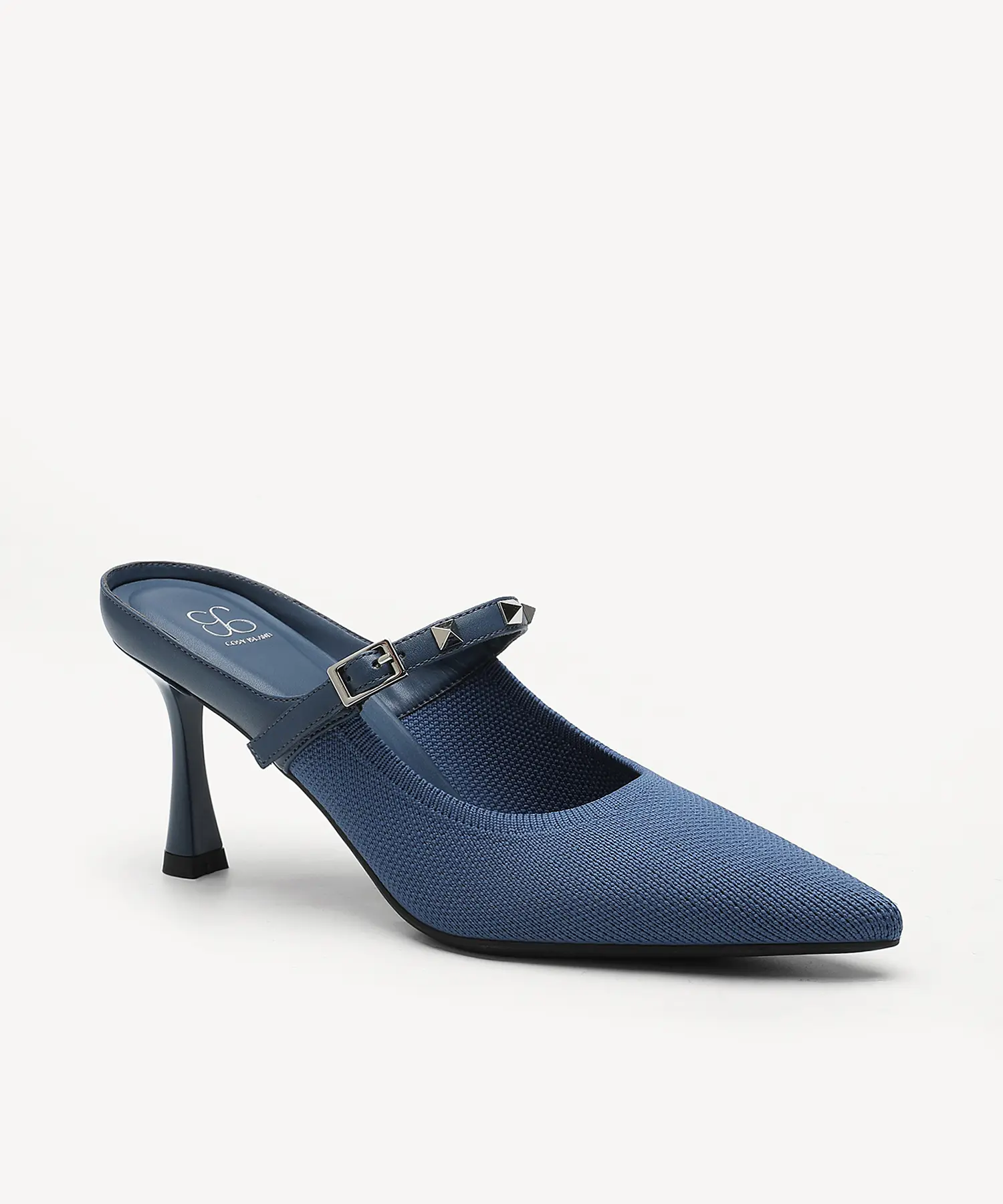 Cosy Island Fly Woven Pointed Toe Mule Heels Stud Pin Buckle 7cm Spool Flare Slip On Dress Shoes