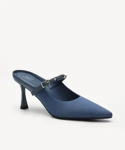 Cosy Island Fly Woven Pointed Toe Mule Heels Stud Pin Buckle 7cm Spool Flare Slip On Dress Shoes