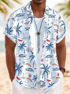 Tropical Palm Tree Fruit Graphic Print Hawaiian Short Shirt - Summer Beach Vacation Button Up