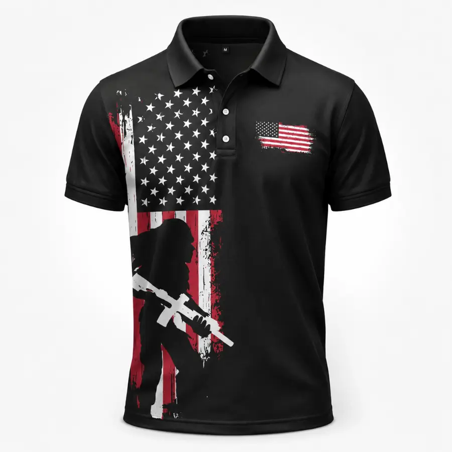 Patriotic American Flag Polo Shirt for Men – Military-Inspired Soldier & Distressed USA Flag Print, Short Sleeve Collared Shirt, Perfect Gift for Dad, Veterans Day, Thanksgiving, Christmas & Birthday