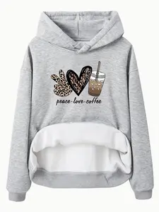 Women's Casual Peuce Love Coffee Print Hoodie with Front Pocket, Comfortable Winter Pullover, Fall & Winter Fashion