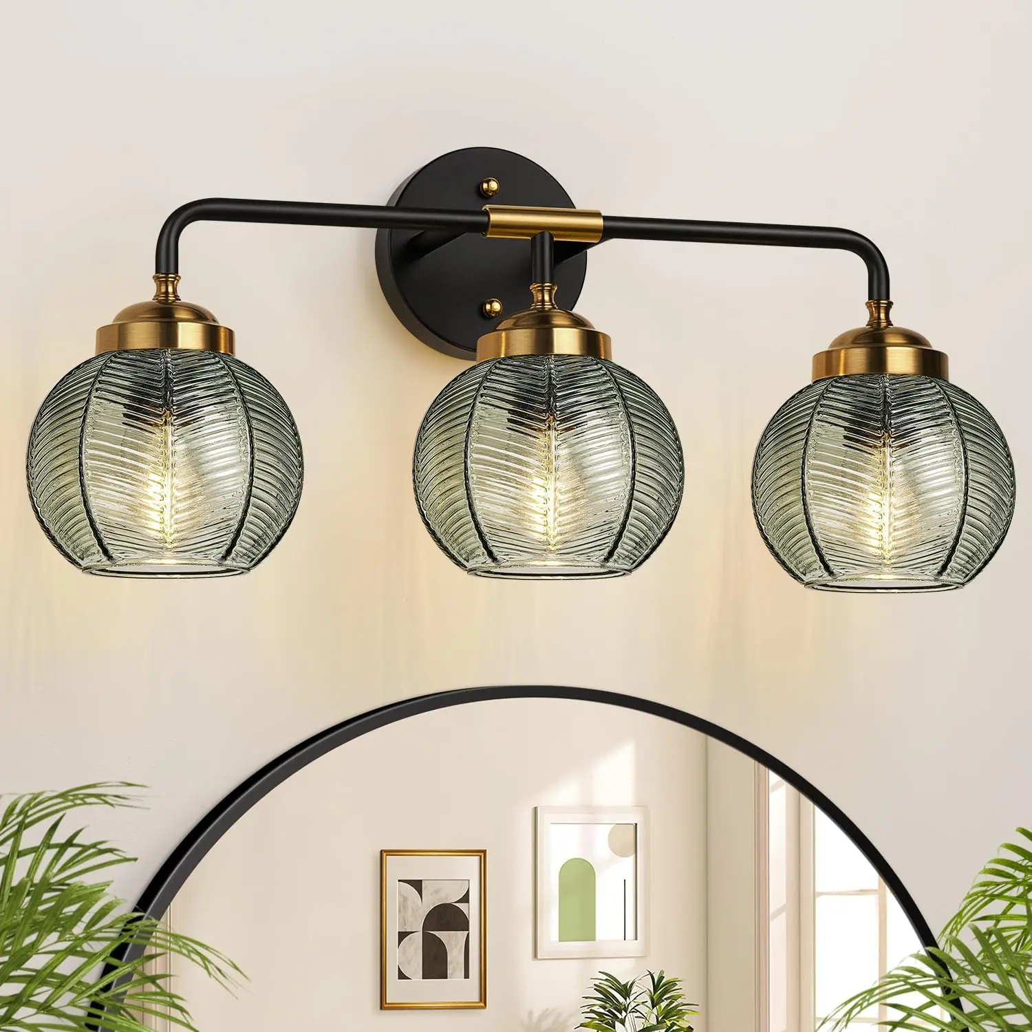 Matte Black and Gold 3-Light Vanity Light Fixture - Green Leaf Texture Glass Shade Indoor Wall Lamp for Bathroom Mirror, Hallway
