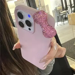 Phone Case: 1pc Girly Pink Rhinestone Bow Lychee Texture Phone Case for iPhone 17 16 15 14 13 12 11 Pro Max Air X XR XS 8 7 Plus Protective Cover
