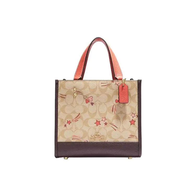 COACH Dempsey 22 Tote Bag for Women – Classic Monogram PVC, Gold-Tone Logo Plaque, Dark Brown and Khaki
