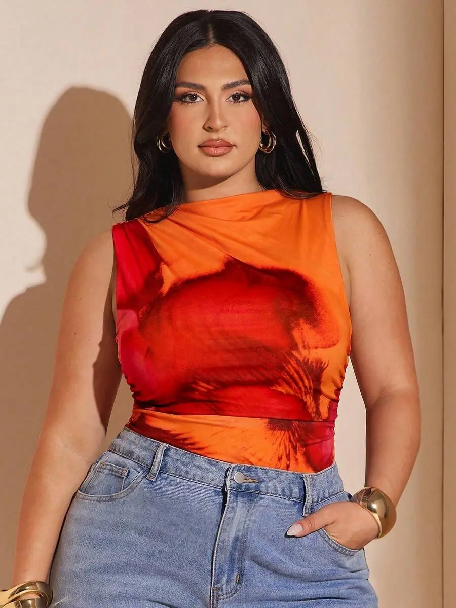 BAE Plus Size Women's Floral Print Ruched Bodysuit,Sleeveless Fitted Mesh See-Through,Burnt Orange,Summer,Girlism,Night Out Club,Y2k Clothes,Date Night