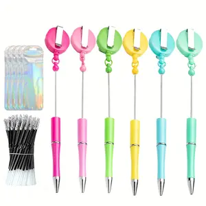 24pcs DIY Retractable Badge Reel Beadable Pens | 12 Pen Refills, 6 Ballpoint Pens, 6 Pen Bags, Plastic, Black Ink for Nurse Office Workers Back to School Supplies