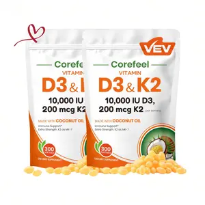 Corefeel Vitamin D3 K2 10000 IU, 300 Virgin Coconut Oil Softgels,2in 1 Vitamins Supplement D & K, Dietary Supplemental Pack,Supports Calcium Absorption, Easy to Swallow,Gluten Free, Bone Healt
