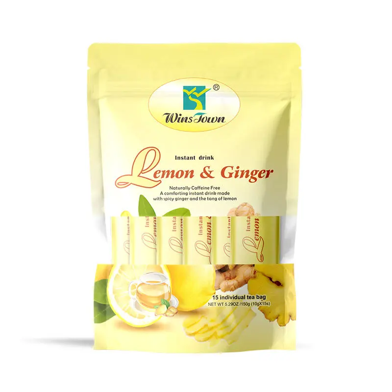 WinsTown Instant Lemon Ginger Honey Tea Beverage - 15 Sachets, 150g Vegetarian Caffeine-Free Herbal Drink for Adults, Ideal for Cupboard Home Supplies loaded tea Wellness Tea Health Tea