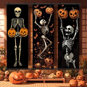 Halloween Hanging Banner, Party Decorations Banners, 3 Counts/set Funny Skeleton Character Poster, Halloween Skull Decoration, Fun Yard Decorations, Room Wall Decor