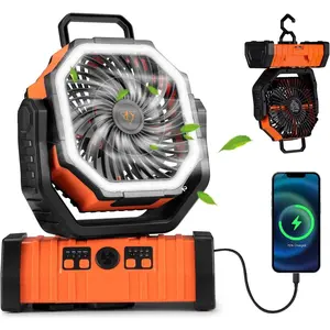 Camping USB Desk Fan - 20000mAh Rechargeable  Operated, with LED Light, 4 Speed Oscillation, 360? Rotation,  Hook, Cordless, for Tent, Outdoor