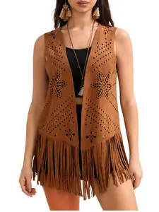Women's Suede Hollow Out Fringe Cardigan Vest, Stylish Fall & Winter Outerwear, Casual Fashionable Design, Perfect for Daily Wear