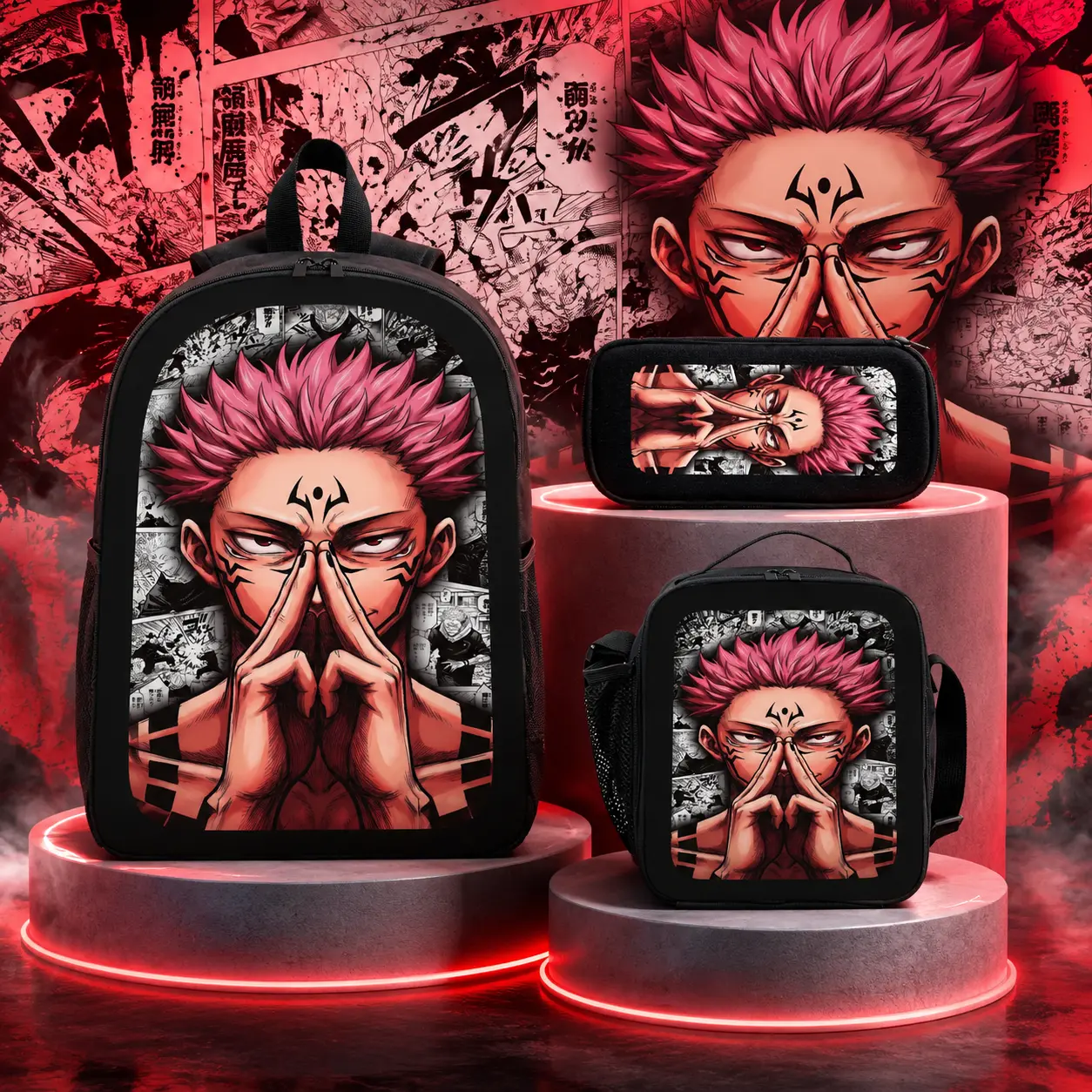 Jujutsu Kaisen Y2K Anime Backpack Set 3PCS 17 Inch School Backpack with Lunch Bag Pencil Case Lightweight Daypack for Teens Back to School Gift Casual Backpacks for School Women Men Custom Anime Bag Travel Backpack
