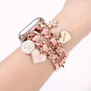 Double Row Chain Apple Watch Band, Alloy and Leather Bracelet for Women, Compatible with Series and Ultra (38–49mm), Stylish Elegant Wristband for Everyday Wear
