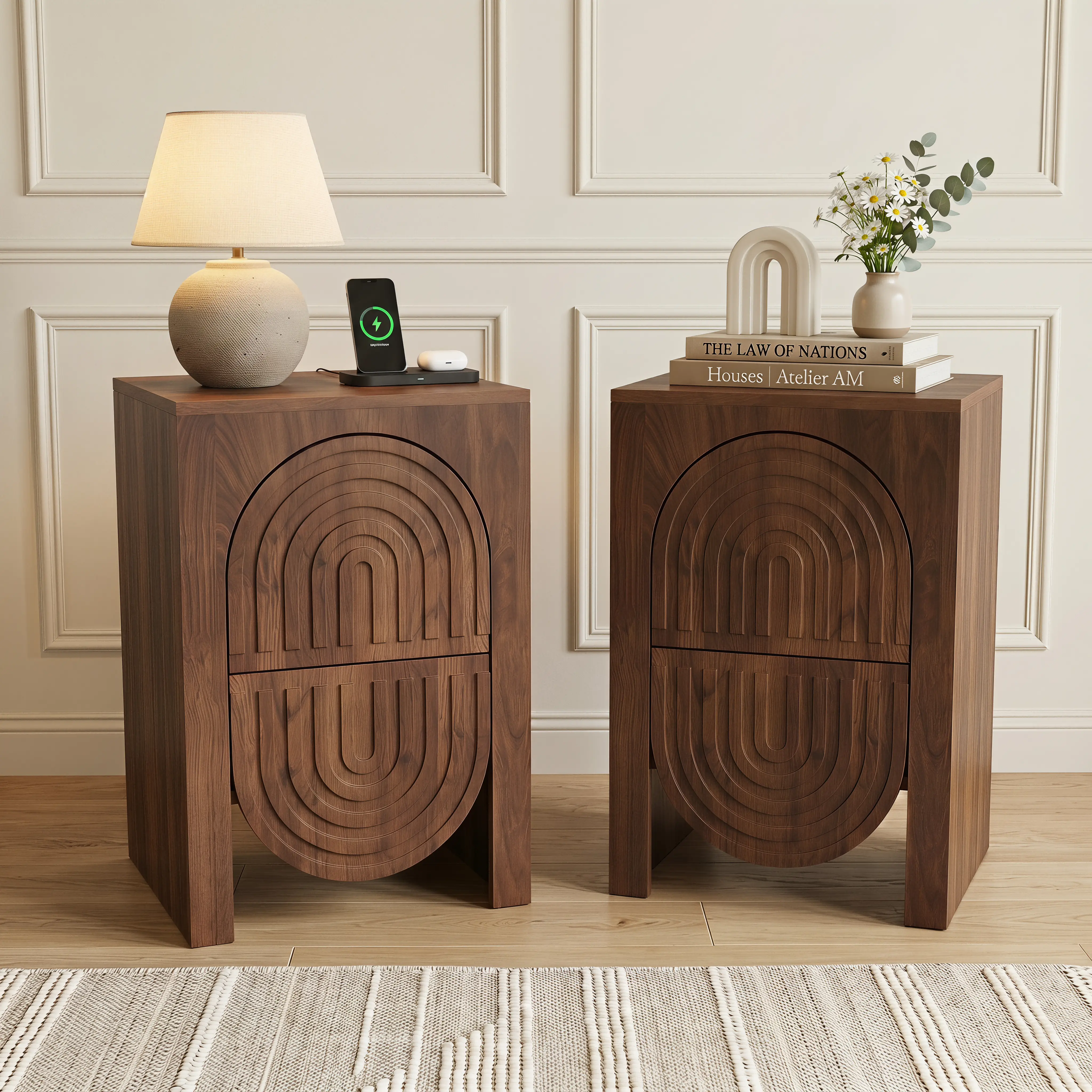 Oakanlt Set of 2 Fluted Nightstands - 2 Drawers, Modern Semi-Circular Design, Push-to-Open Drawers, Beside Table Nightstand, Fluted Bedside Tables, Walnut Grain Beauty, Water-Resist Top, for Living Room & Bedroom (Walnut) sohochic