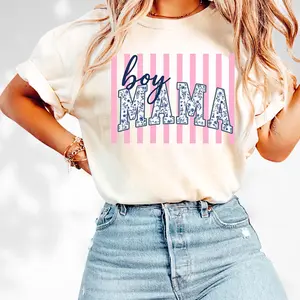 Boy Mama Floral Shirt, Preppy Pink Striped Tee, Toile Floral Boy Mama T-Shirt, Mother's Day Gift