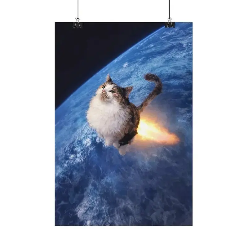 Funny Cosmic Cat Rocket Unframed Canvas Poster Cute Cat Flying in Space Wall Art Premium Matte Print Aesthetic Room Decor Gift for Cat Lovers Teen Room