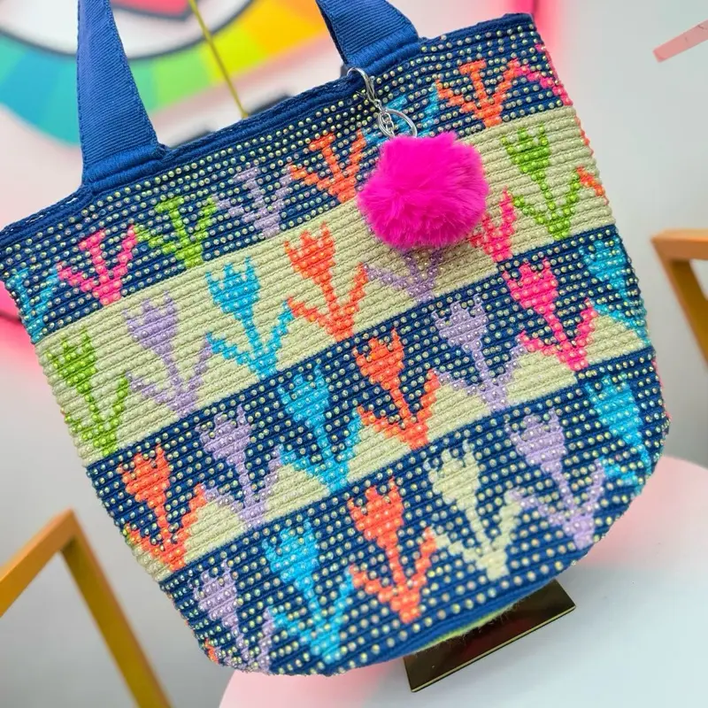 XL Handmade Wayuu Rhinestone Tote Bag | Large Crochet Shoulder Bag | Colombian Artisan Boho Handbag | Double Handle Everyday Tote
