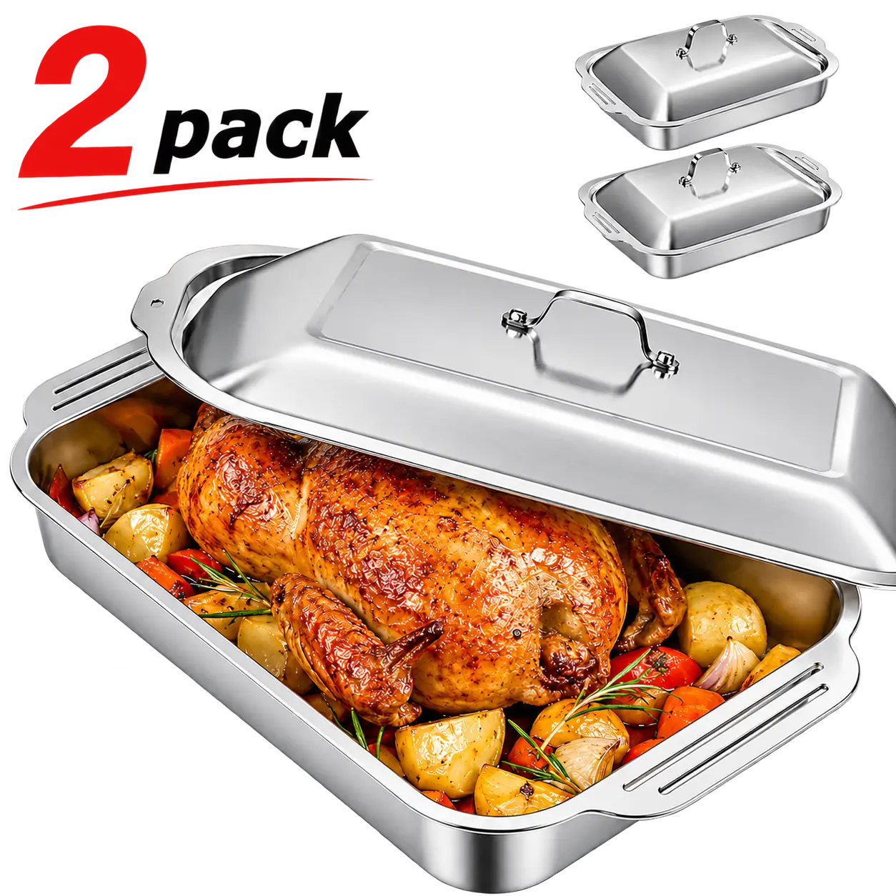 2-Pack Extra-Large Stainless Steel Roasting Pan with Lid, Deep Rectangular Baking Tray for Oven, Fish, BBQ, Thanksgiving and Christmas Cooking