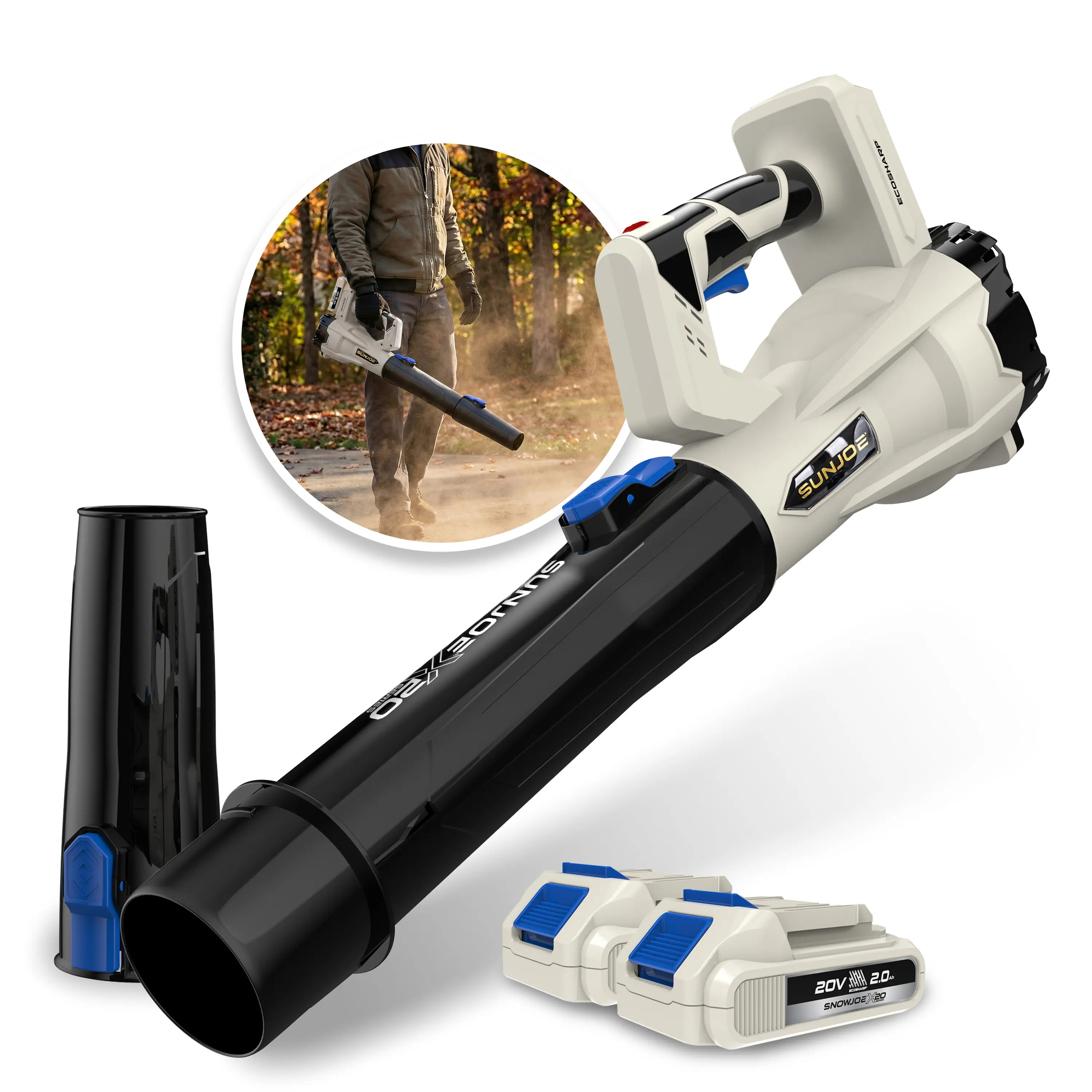 20-Volt ECOSHARP Cordless X20 Compact Leaf Blower | 400 CFM | W/ 2 x 2000 mAh Batteries (2.0-Amp) + Charger