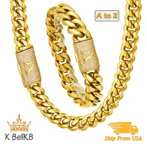 Initial Letter Miami Cuban Necklace for Men Women, 18 Golden Capital Monogram 14MM Necklace Alphabets from A-Z Chain Hip Hop Jewelry