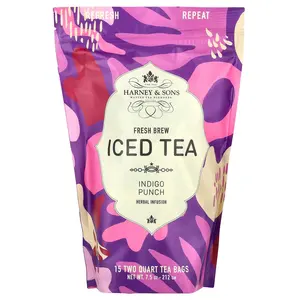 Harney & Sons Fresh Brew Iced Tea, Indigo Punch, Caffeine Free, 15 Two Quart Tea Bags, 7.5 oz (212 g)