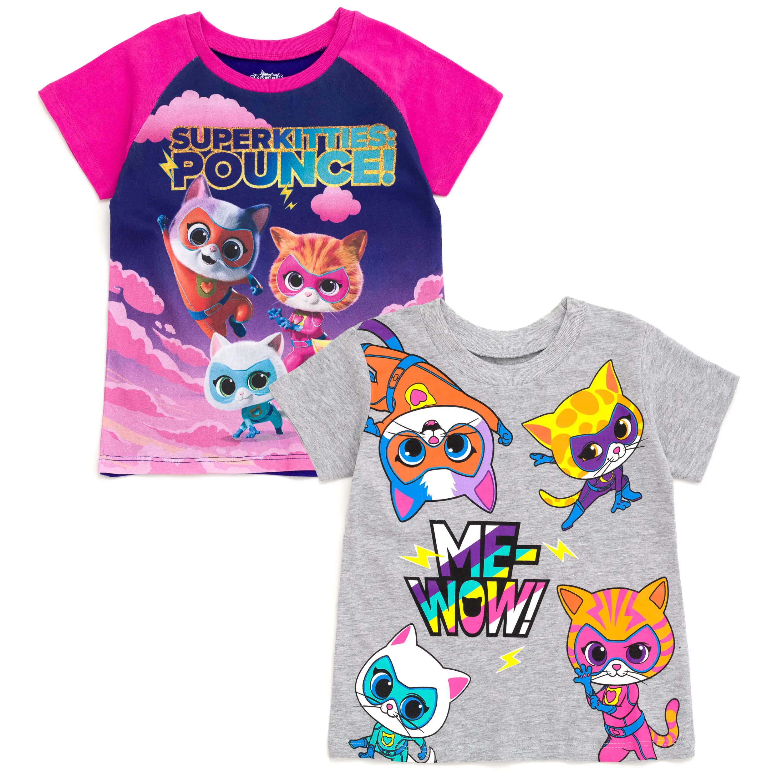 Disney Super Kitties Toddler Girls' 2-Pack Graphic T-Shirts, 100% Cotton with Glitter, Pink Raglan & Grey Shirts for All-Day Play, 3T, 3 - 4 Years, Backyard Play, Fun Birthday Gift, Gold Glitter Accents, Machine Washable, 2T, Raglan Graphic