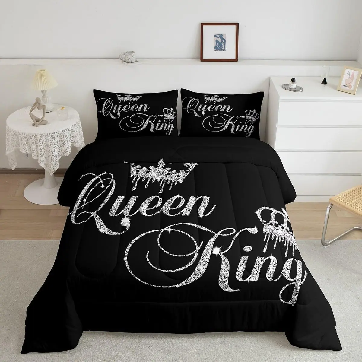 Crown and Couple Comforter Sets His and Hers Bedding Set Women Men Black Grey,Lover Romantic Valentine's Day Decorations Quilt Set All Season(No Glitter)